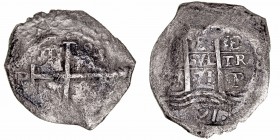 Monarquía Española
Carlos II
8 Reales. AR. Potosí E. 1671. Dos fechas visibles. 20.06g. Cal.702 (2019). Oxidaciones fuertes limpiadas.. RC/BC-.