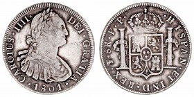 Monarquía Española
Carlos IV
8 Reales. AR. Potosí PP. 1801. 26.97g. Cal.1005 (2019). Tonalidad. (MBC).