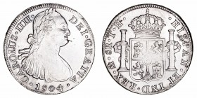 Monarquía Española
Carlos IV
8 Reales. AR. Méjico TH. 1804. 26.92g. Cal.980 (2019). Suavemente limpiada. (MBC).