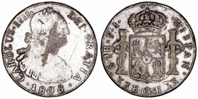 Monarquía Española
Carlos IV
4 Reales. Latón. Santiago FI. 1808. Falsa de época. 13.54g. Barrera No cat. Muy escasa. MBC-.