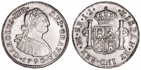 Monarquía Española
Carlos IV
2 Reales. AR. Lima IJ. 1793. Tercer busto propio. 6.68g. Cal.576 (2019). Alguna rayita y conserva restos de brillo. Esc...