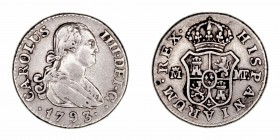 Monarquía Española
Carlos IV
1/2 Real. AR. Madrid MF. 1793. 1.50g. Cal.414 (2019). Rayitas. (BC+).