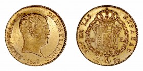 Monarquía Española
Fernando VII
80 Reales. AV. Madrid SR. 1822. Tipo cabezón. 6.74g. Cal.1641 (2019). Conserva restos de brillo original. Muy escasa...