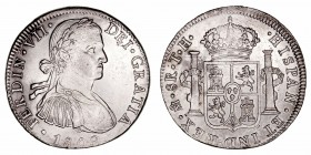 Monarquía Española
Fernando VII
8 Reales. AR. Méjico TH. 1809. Busto imaginario. 26.99g. Cal.1308 (2019). Conserva restos de brillo. MBC+/EBC.