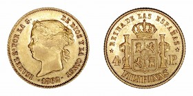 Monarquía Española
Isabel II
4 Pesos. AV. Manila. 1862. 6.75g. Cal.854 (2019). Conserva restos de brillo original. MBC+/EBC-.