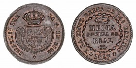 Monarquía Española
Isabel II
1/2 Décima de Real. AE. Segovia. 1853. 1.90g. Cal.586. Bonita pátina. EBC.