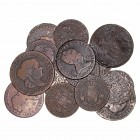 Monarquía Española
Isabel II
Lote de 15 monedas. AE. 8 Maravedís (4), 5 Céntimos escudo (3) y 2 1/2 Céntimos escudo (8). BC- a MC.