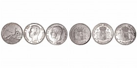La Peseta
Lotes de Conjunto
5 Pesetas. AR. Lote de 3 monedas. 1870, 1871 y 1885. Estrellas visibles. Golpes en canto. (MBC-).