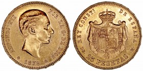 La Peseta
Alfonso XII
25 Pesetas. AV. 1878 *18-78 DEM. 8.05g. Cal.70 (2019). MBC+.