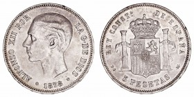 La Peseta
Alfonso XII
5 Pesetas. AR. 1878 *18-78 DEM. 24.82g. Cal.39 (2019). Ligeros golpecitos en canto. (MBC+/EBC-).