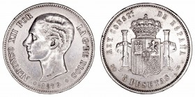 La Peseta
Alfonso XII
5 Pesetas. AR. 1879 *18-79 EMM. 24.96g. Cal.42 (2019). Escasa. MBC.