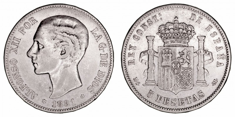 La Peseta
Alfonso XII
5 Pesetas. AR. 1881 *18-81 MSM. 24.71g. Cal.44 (2019). E...