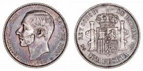 La Peseta
Alfonso XII
Peseta. AR. 1882 *18-82 MSM. 4.96g. Cal.19 (2019). Bonita pátina iridiscente. Muy escasa así. (EBC-).