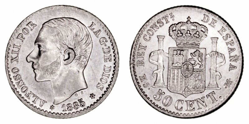 La Peseta
Alfonso XII
50 Céntimos. AR. 1885/1 *8-6 MSM. 2.51g. Cal.13 (2019). ...