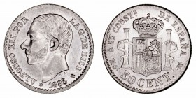 La Peseta
Alfonso XII
50 Céntimos. AR. 1885/1 *8-6 MSM. 2.51g. Cal.13 (2019). Alguna rayita. (EBC).