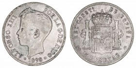 La Peseta
Alfonso XIII
5 Pesetas. AR. 1898 *18-?8 SGV. Falsa de época. 23.48g. Barrera. MBC-.