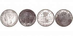 La Peseta
Alfonso XIII
5 Pesetas. Latón. 1899 SGV. Lote de 2 monedas. Falsas de época. Barrera 1366 y no cat. MBC- a BC-.