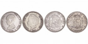 La Peseta
Alfonso XIII
5 Pesetas. AR. Lote de 2 monedas. Falsas de época. 1889 MSM y 1894 PGM. Barrera No cat. MBC.