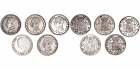 La Peseta
Alfonso XIII
50 Céntimos. AR. Lote de 5 monedas. 1892 *9-2, 1904 *0-4 (2) y 1904 *1-0 (2). MBC+ a MBC-.