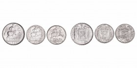 La Peseta
Estado Español
Lote de 3 monedas. Aluminio. 5 Céntimos 1940 y 1953, 10 Céntimos 1941. EBC a MBC.