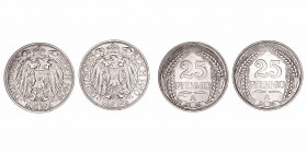 Monedas Extranjeras
Alemania
Lote de 2 monedas. 25 Pfennig 1909 A y 1910 A. KM.18. MBC+.