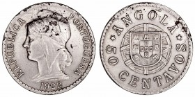 Monedas Extranjeras
Angola
50 Centavos. Ni. 1922. 10.42g. KM.65. Marcas. (MBC-).
