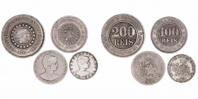 Monedas Extranjeras
Brasil
Lote de 4 monedas. Cuproníquel. 100 Reis 1889 y 1901, 200 Reis 1895 y 1901. MBC- a BC.