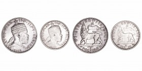 Monedas Extranjeras
Etiopía
Manelik II. Lote de 2 monedas. AR. 1/4 Birr y 1/2 Birr 1889 A (París). KM.3 y 4. Escasas. MBC+ a MBC-.
