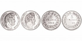 Monedas Extranjeras
Francia Luis Felipe I
5 Francos. AR. Lote de 2 monedas. 1842 BB y 1842 W. BC.