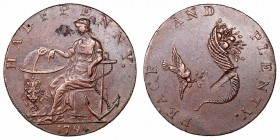 Monedas Extranjeras
Gran Bretaña
Token. AE. 1794. Hampshire-Emsworth (1/2 Penny). PEACE AND PLENTY. Marca en reverso. 9.48g. D&H.12c. Escaso. (MBC+)...