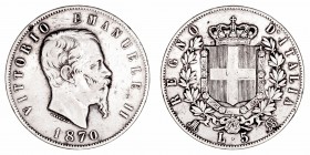 Monedas Extranjeras
Italia Víctor Manuel II
5 Liras. AR. 1870 BN. 24.89g. KM.8.3. BC.