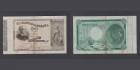 Billetes
Banco de España
50 Pesetas. 24 Julio 1893. Jovellanos. ED.301. Pequeñas reparaciones. Muy escaso. (MBC+/MBC-).