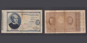 Billetes
Banco de España
100 Pesetas. 24 Julio 1893. Jovellanos. ED.302. Rotura en doblez central, mancha y planchado. Muy escaso. (MBC-).