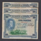 Billetes
Banco de España
100 Pesetas. 1 julio 1925. Sin serie. Lote de 3 billetes. Uno de ellos con sello en seco (algo difuso) del Gobierno Provisi...