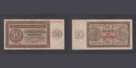 Billetes
Estado Español, Banco de España
50 Pesetas. Burgos, 21 noviembre 1936. Serie F. ED.420a. MBC+.