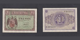 Billetes
Estado Español, Banco de España
1 Peseta. Burgos, 28 febrero 1938. Serie B. ED.427a. EBC+.
