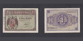 Billetes
Estado Español, Banco de España
1 Peseta. Burgos, 30 abril 1938. Serie D. ED.428a. Fecha a tinta en el margen. (EBC-).