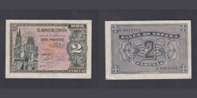 Billetes
Estado Español, Banco de España
2 Pesetas. Burgos, 30 abril 1938. Serie A. ED.429. Pico inferior algo doblado. (SC).
