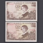 Billetes
Estado Español, Banco de España
100 Pesetas. 19 noviembre 1965. Lote de 2 billetes. Serie A y K. ED.470a. MBC+.