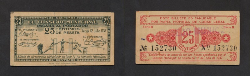 Billetes
Billetes Locales
Alcoy, C.M. 25 Céntimos. 12 Julio 1937. Montaner 91a...