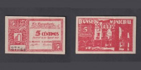 Billetes
Billetes Locales
Graus, C.M. 5 Céntimos. 28 Agosto 1937. Montaner 735a. EBC-.