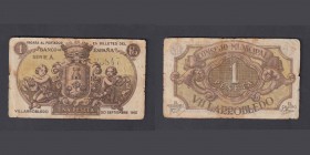 Billetes
Billetes Locales
Villarrobledo, C.M. Peseta. 20 Septiembre 1937. Sello en seco. Montaner 1626c. Manchitas y rajitas en margen. Muy escaso. ...
