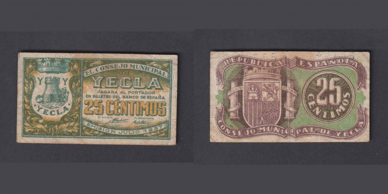 Billetes
Billetes Locales
Yecla, C.M. 25 Céntimos. Julio 1937. Montaner 1647f....