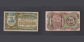Billetes
Billetes Locales
Yecla, C.M. 25 Céntimos. Julio 1937. Montaner 1647f. MBC-.
