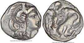 CALABRIA. Tarentum. Ca. 380-280 BC. AR diobol (11mm, 3h). NGC Choice VF. Ca. 325-280 BC. Head of Athena right, wearing crested Attic helmet decorated ...