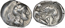 CALABRIA. Tarentum. Ca. 380-280 BC. AR diobol (13mm, 11h). NGC VF. Ca. 325-280 BC. Head of Athena right, wearing crested Attic helmet decorated with t...