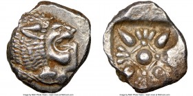 IONIA. Miletus. Ca. late 6th-5th centuries BC. AR 1/12 stater or obol (10mm). NGC Choice AU. Milesian standard. Forepart of roaring lion left, head re...
