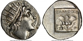 CARIAN ISLANDS. Rhodes. Ca. 88-84 BC. AR drachm (15mm, 11h). NGC Choice AU. Plinthophoric standard, Callixei(nos), magistrate. Radiate head of Helios ...