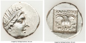 CARIAN ISLANDS. Rhodes. Ca. 88-84 BC. AR drachm (16mm, 2.81 gm, 11h). XF. Plinthophoric standard, Callixei(nos), magistrate. Radiate head of Helios ri...