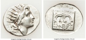 CARIAN ISLANDS. Rhodes. Ca. 88-84 BC. AR drachm (16mm, 1.98 gm, 1h). VF. Plinthophoric standard, Nicagoras, magistrate. Radiate head of Helios right /...